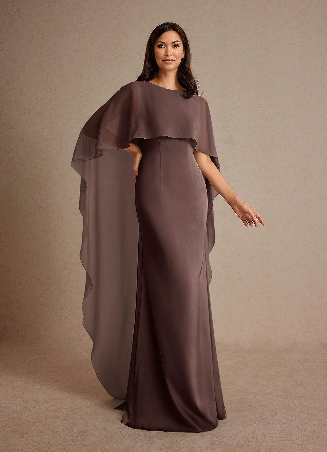 Milfred Sheath Boat-Neck Stretch Satin and Chiffon Mother of the Bride Dress in Ganache