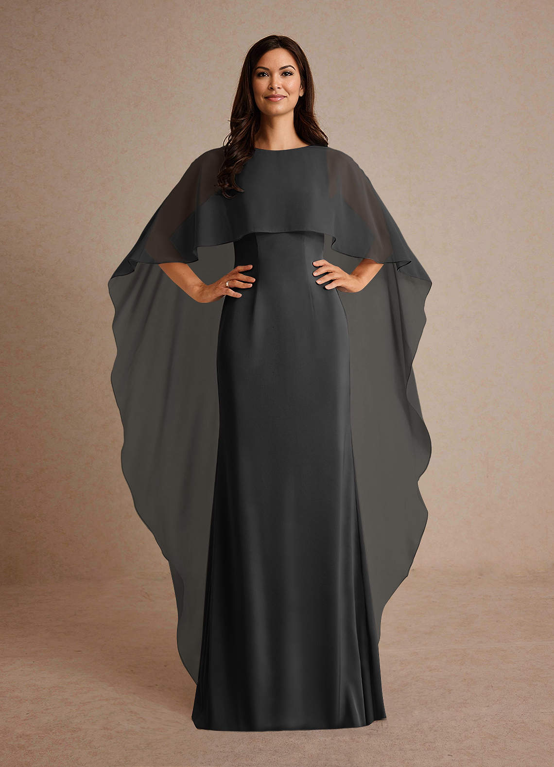 Milfred Sheath Boat-Neck Stretch Satin and Chiffon Mother of the Bride Dress in black
