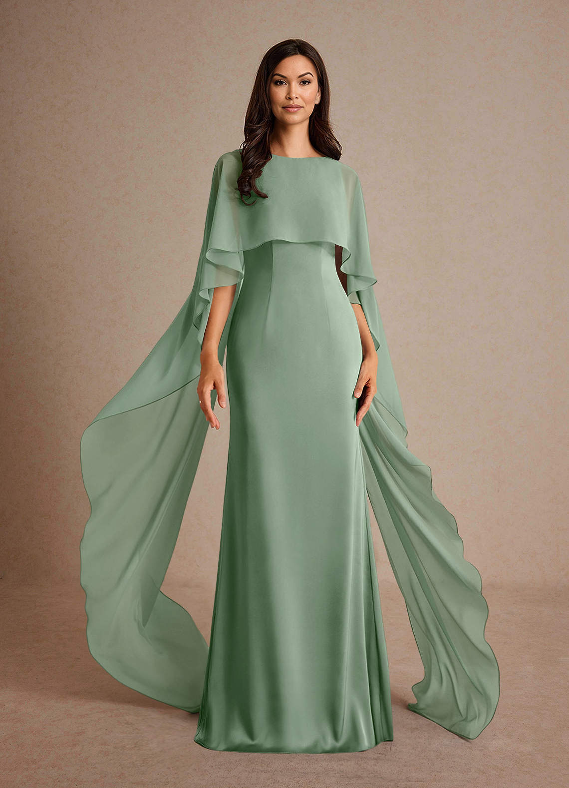 Milfred Sheath Boat-Neck Stretch Satin and Chiffon Mother of the Bride Dress in matcha