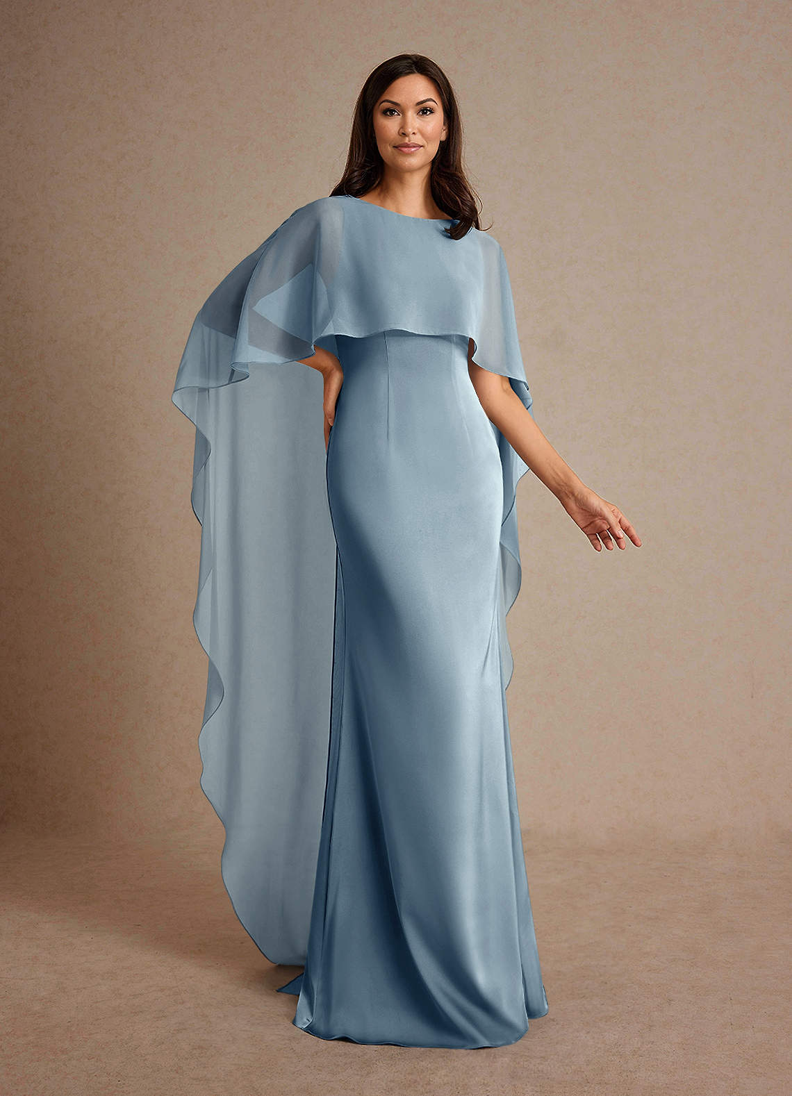 Milfred Sheath Boat-Neck Stretch Satin and Chiffon Mother of the Bride Dress in dusty blue