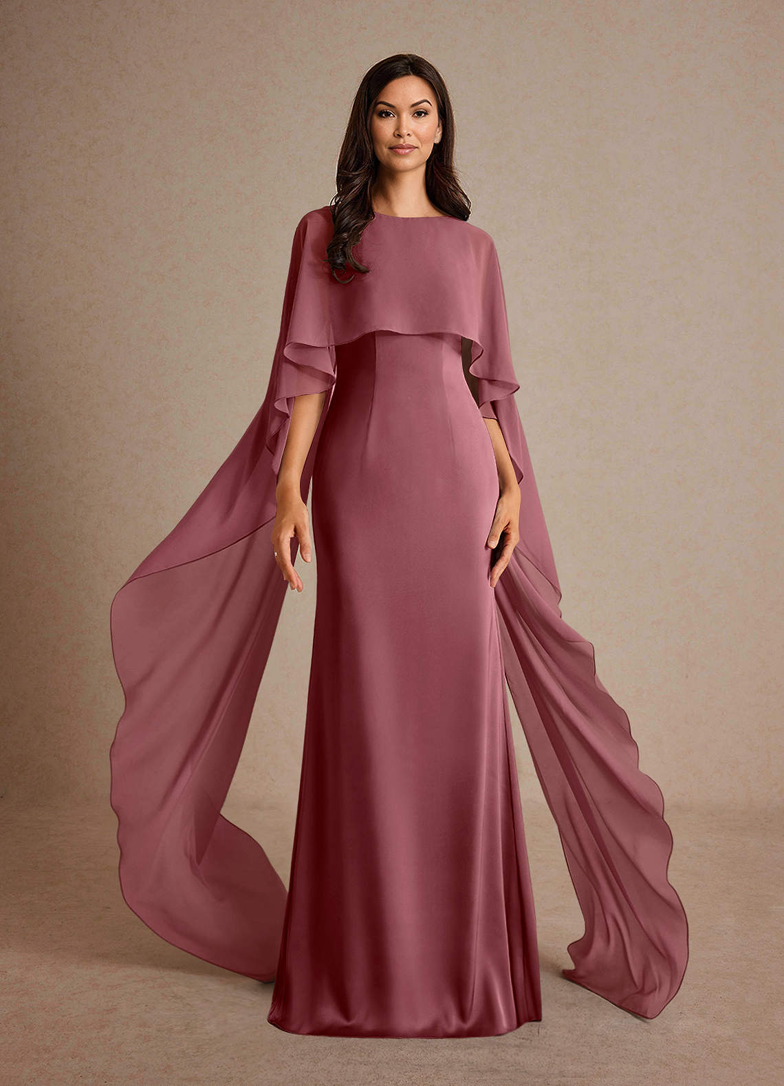 Milfred Sheath Boat-Neck Stretch Satin and Chiffon Mother of the Bride Dress in Sangria