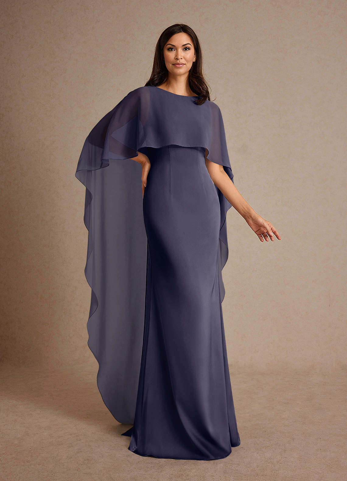 Milfred Sheath Boat-Neck Stretch Satin and Chiffon Mother of the Bride Dress in Stormy