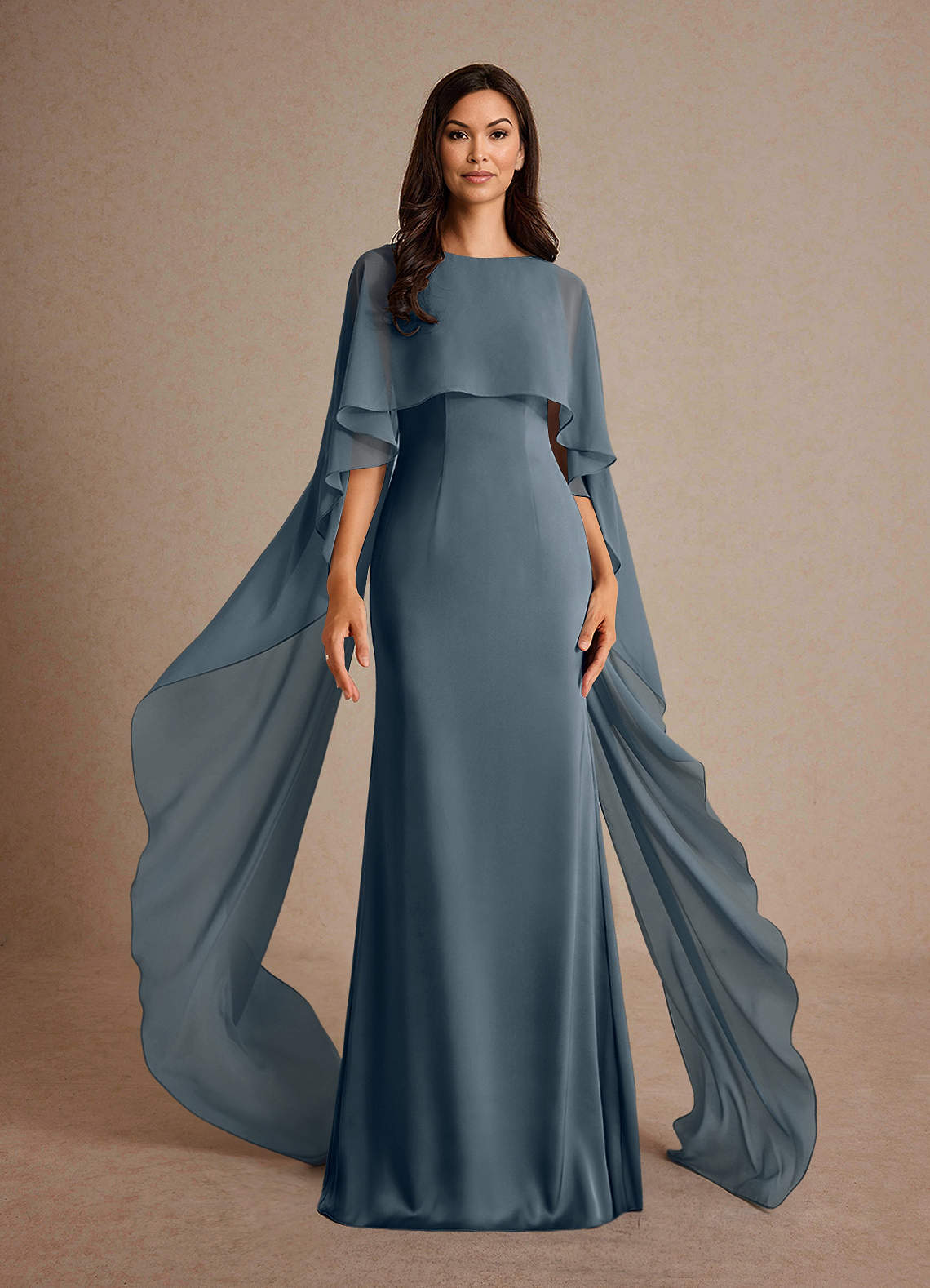 Milfred Sheath Boat-Neck Stretch Satin and Chiffon Mother of the Bride Dress in Twilight