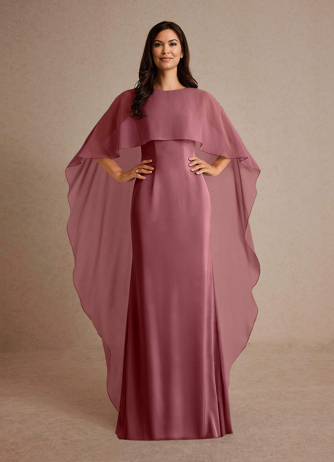 Milfred Sheath Boat-Neck Stretch Satin and Chiffon Mother of the Bride Dress in Sangria
