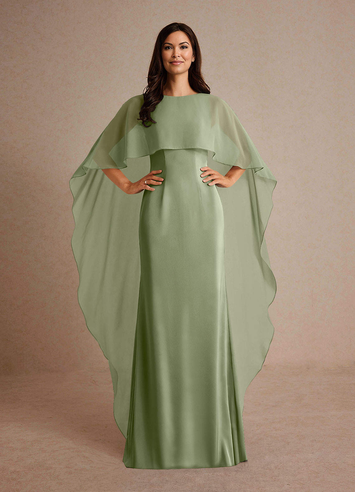 Milfred Sheath Boat-Neck Stretch Satin and Chiffon Mother of the Bride Dress in Pistachio