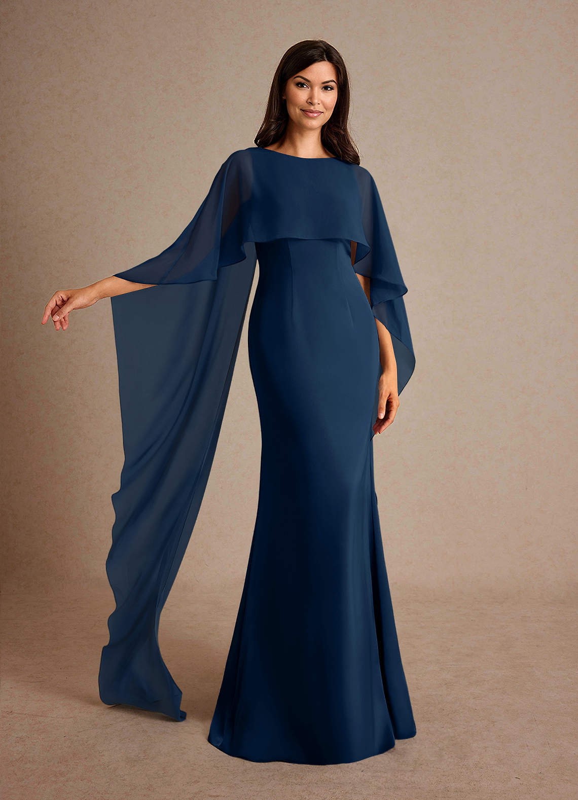 Milfred Sheath Boat-Neck Stretch Satin and Chiffon Mother of the Bride Dress in Dark Navy