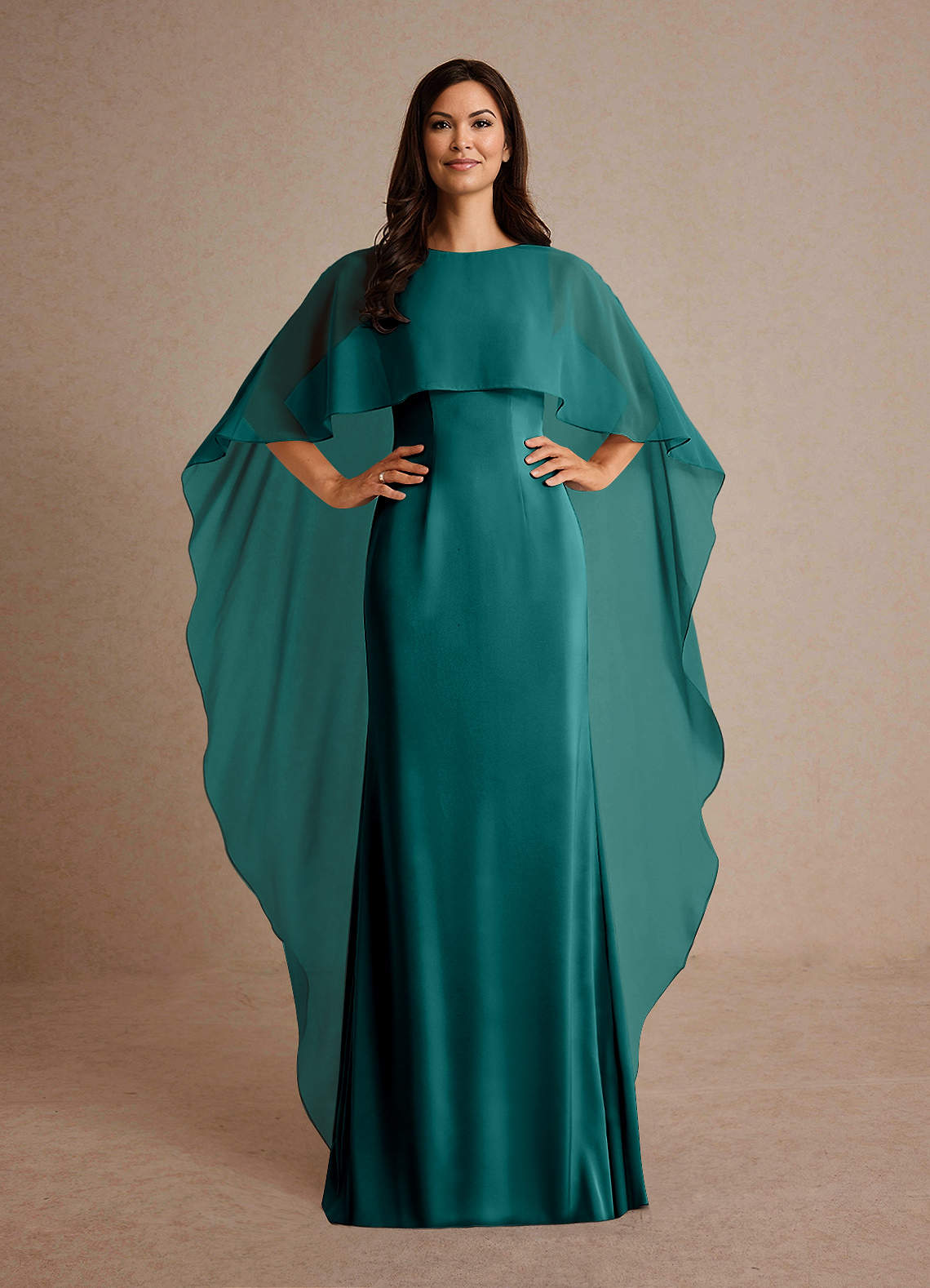 Milfred Sheath Boat-Neck Stretch Satin and Chiffon Mother of the Bride Dress in Peacock