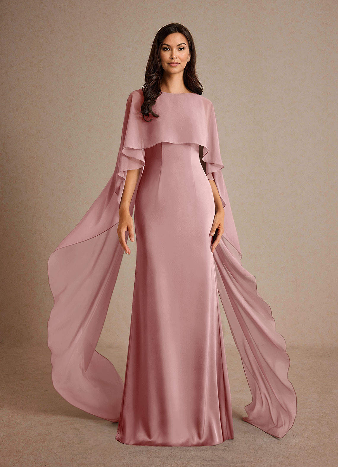 Milfred Sheath Boat-Neck Stretch Satin and Chiffon Mother of the Bride Dress in Dusty Rose
