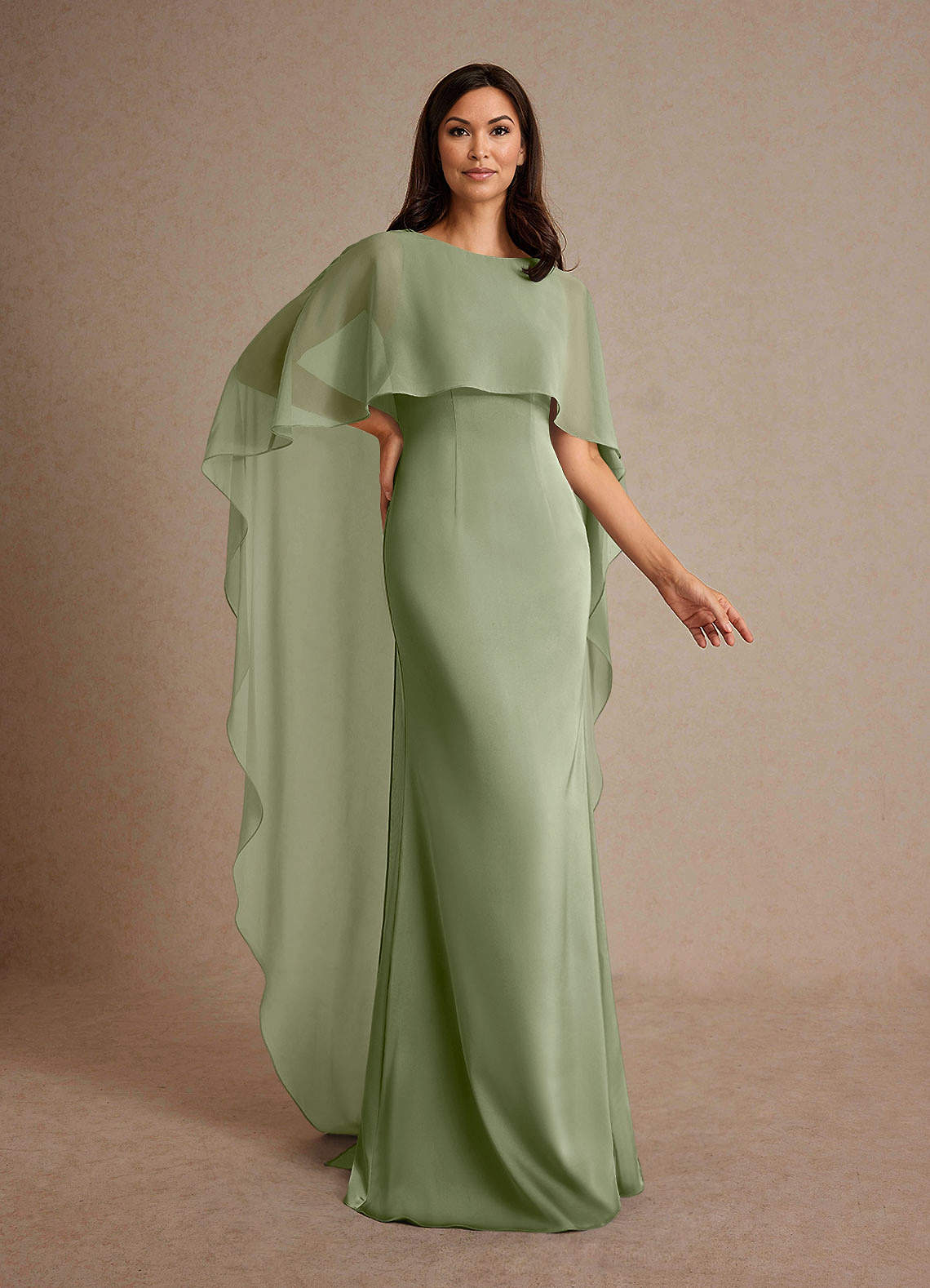 Milfred Sheath Boat-Neck Stretch Satin and Chiffon Mother of the Bride Dress in Pistachio