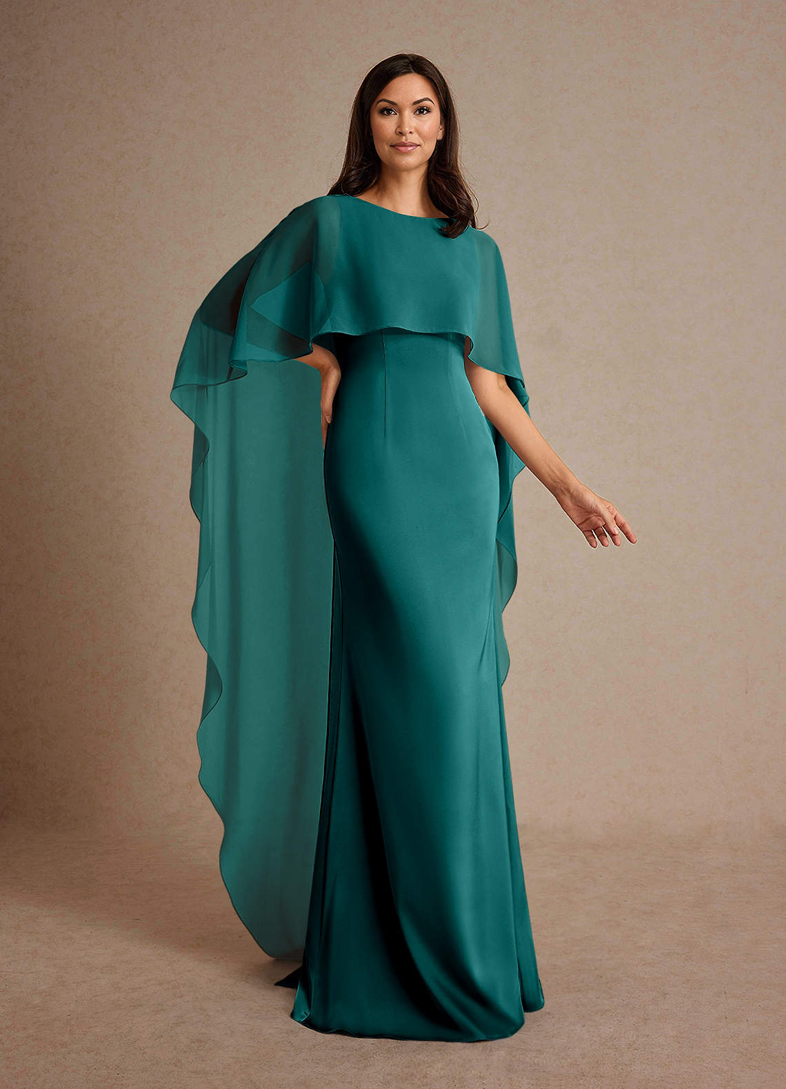Milfred Sheath Boat-Neck Stretch Satin and Chiffon Mother of the Bride Dress in Peacock