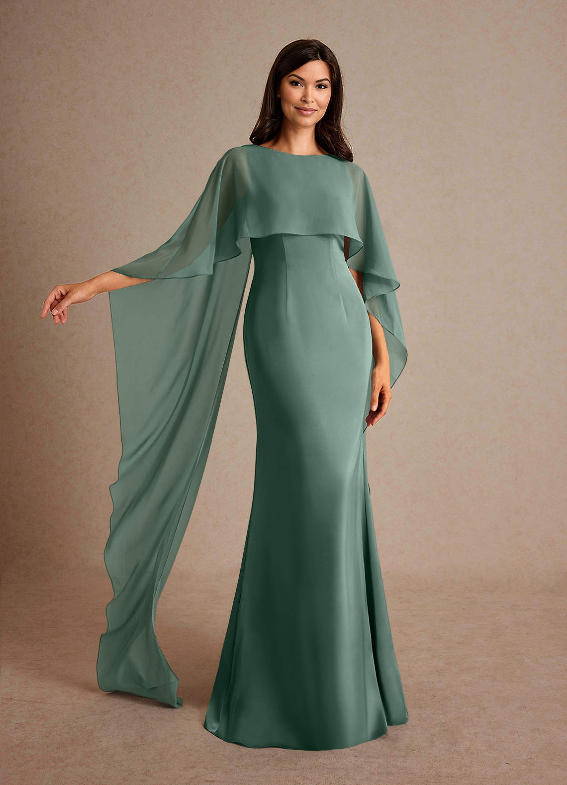 Milfred Sheath Boat-Neck Stretch Satin and Chiffon Mother of the Bride Dress in eucalyptus