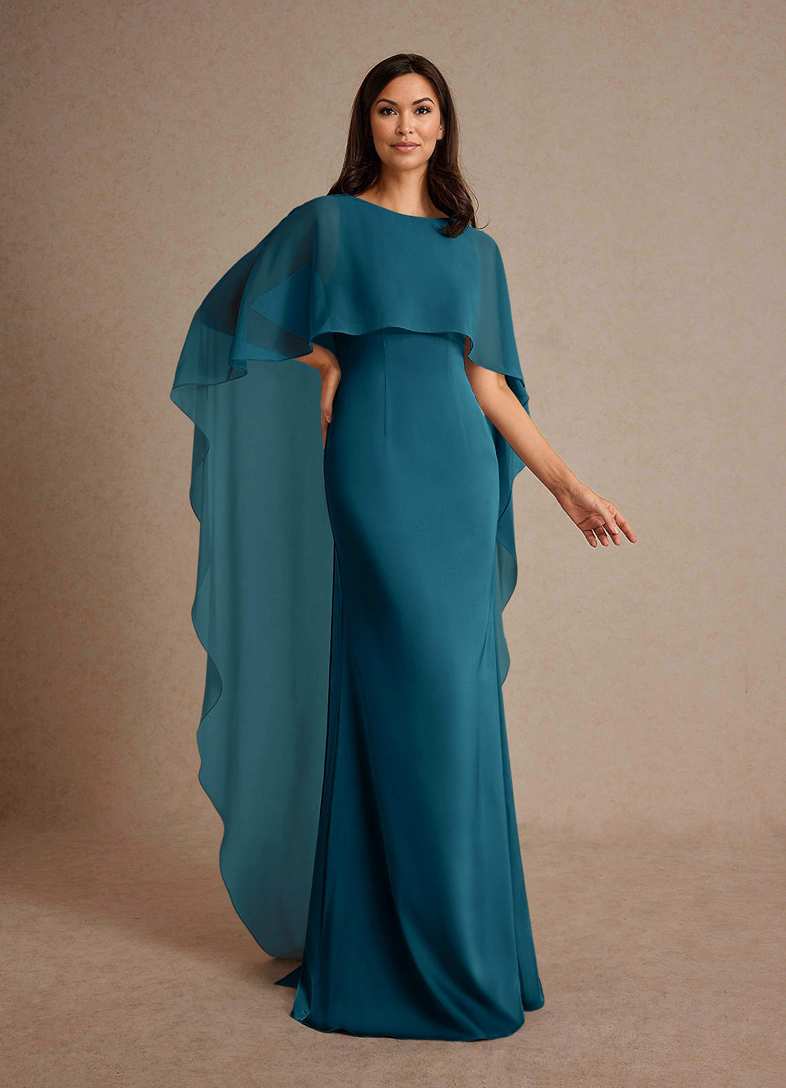 Milfred Sheath Boat-Neck Stretch Satin and Chiffon Mother of the Bride Dress in Ink Blue