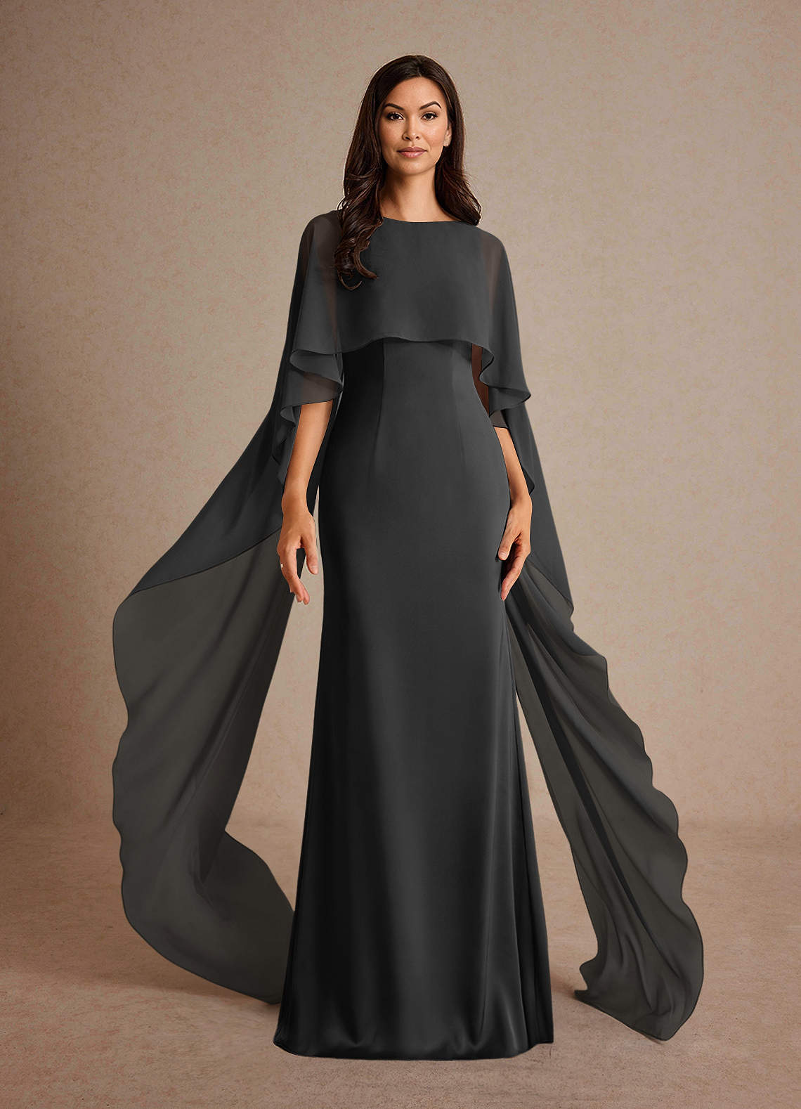 Milfred Sheath Boat-Neck Stretch Satin and Chiffon Mother of the Bride Dress in black