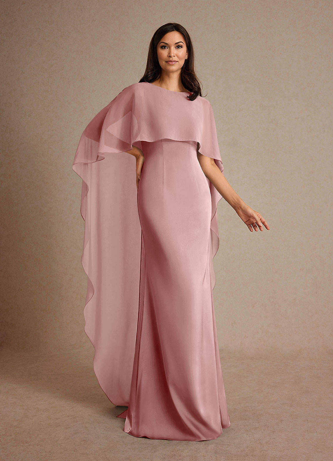 Milfred Sheath Boat-Neck Stretch Satin and Chiffon Mother of the Bride Dress in Dusty Rose
