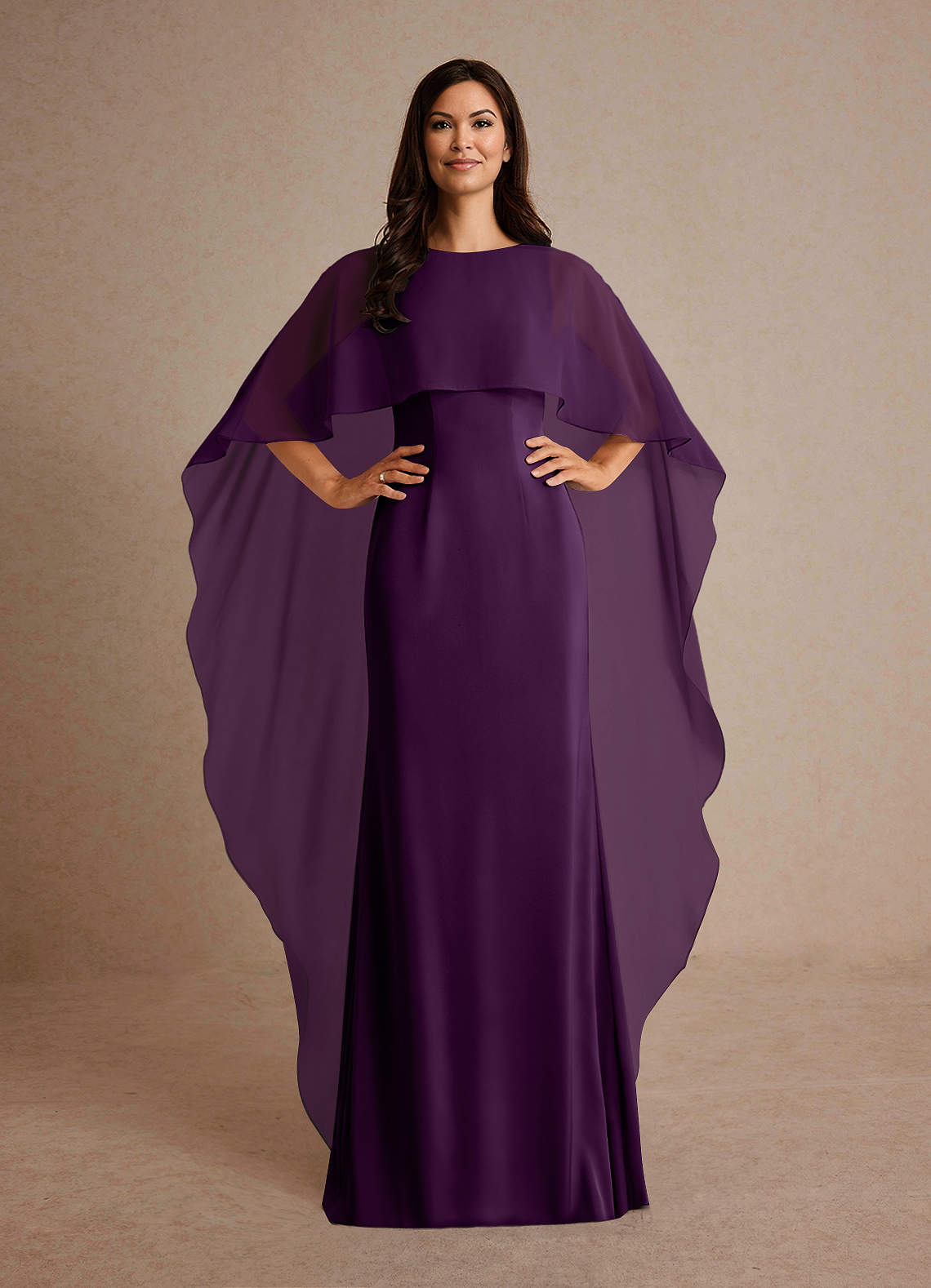 Milfred Sheath Boat-Neck Stretch Satin and Chiffon Mother of the Bride Dress in Plum
