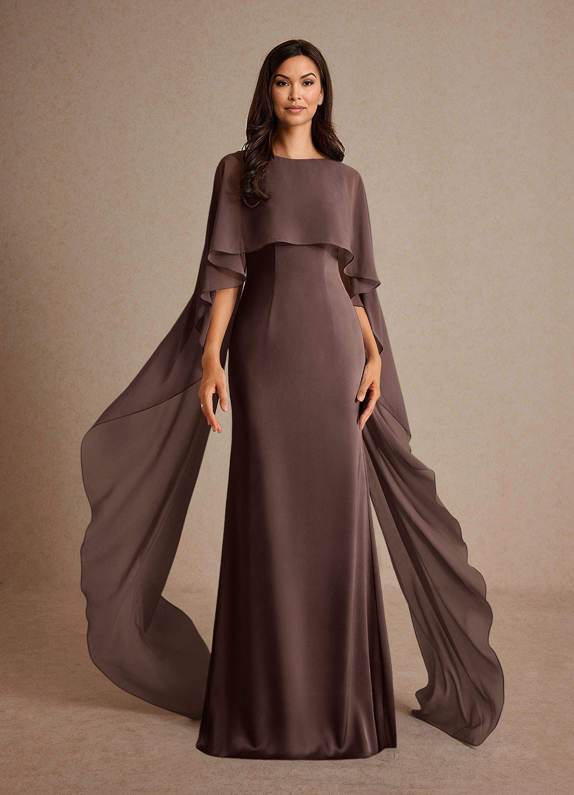 Milfred Sheath Boat-Neck Stretch Satin and Chiffon Mother of the Bride Dress in Ganache