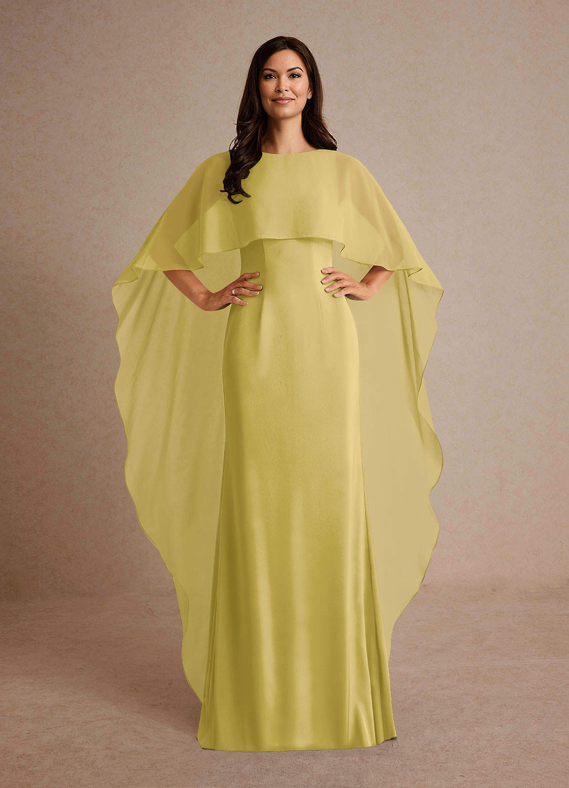 Milfred Sheath Boat-Neck Stretch Satin and Chiffon Mother of the Bride Dress in Canary