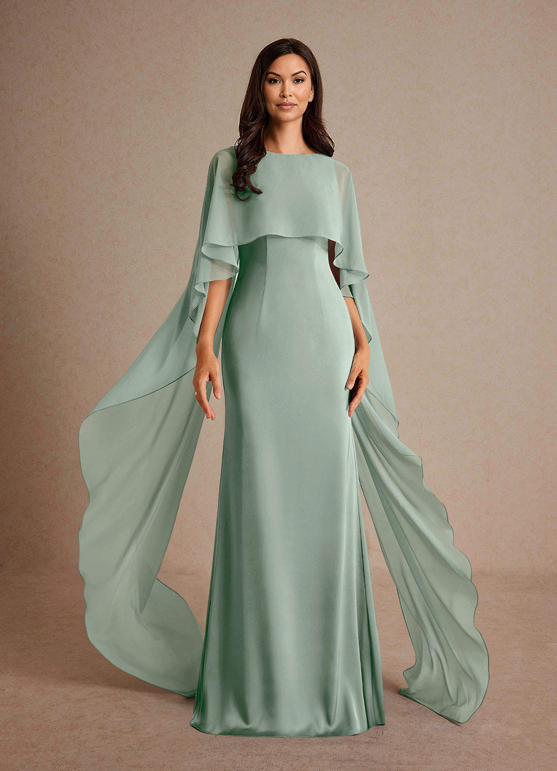 Milfred Sheath Boat-Neck Stretch Satin and Chiffon Mother of the Bride Dress in Agave
