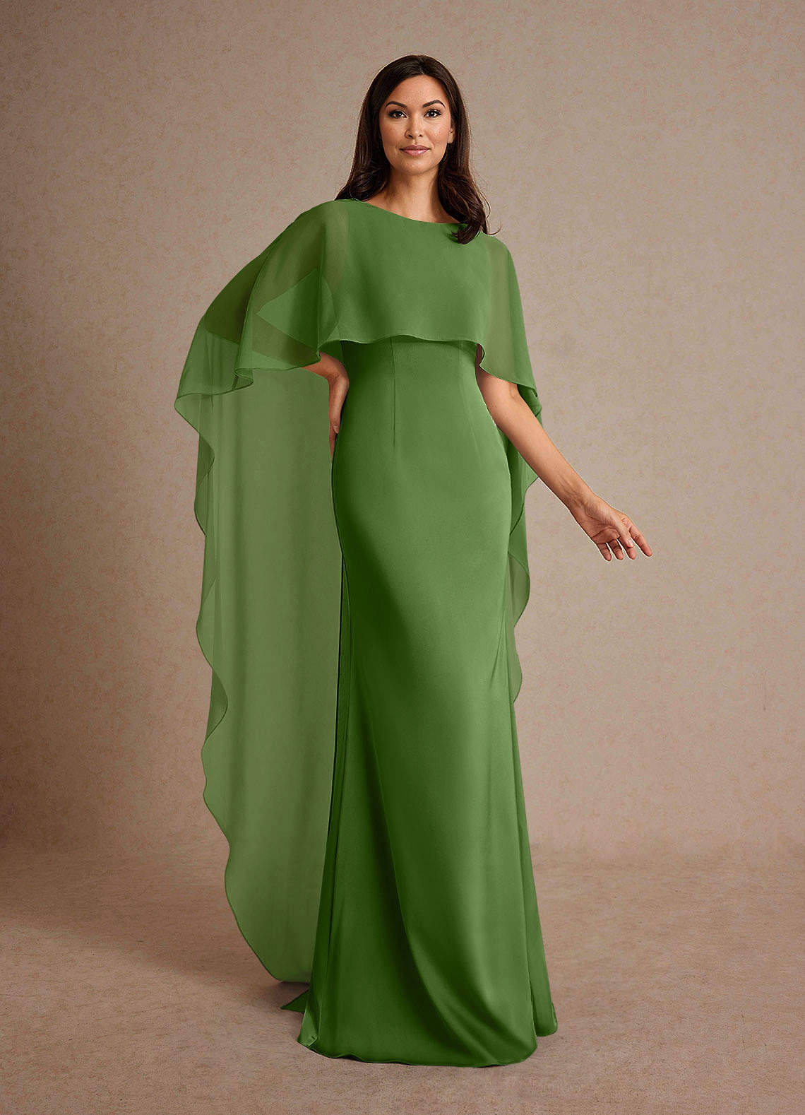 Milfred Sheath Boat-Neck Stretch Satin and Chiffon Mother of the Bride Dress in Basil