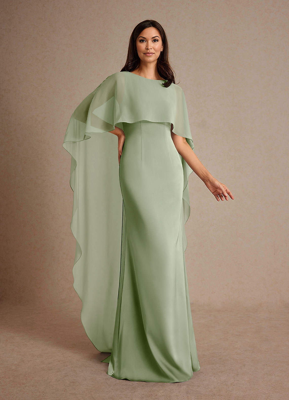 Milfred Sheath Boat-Neck Stretch Satin and Chiffon Mother of the Bride Dress in Dusty Sage