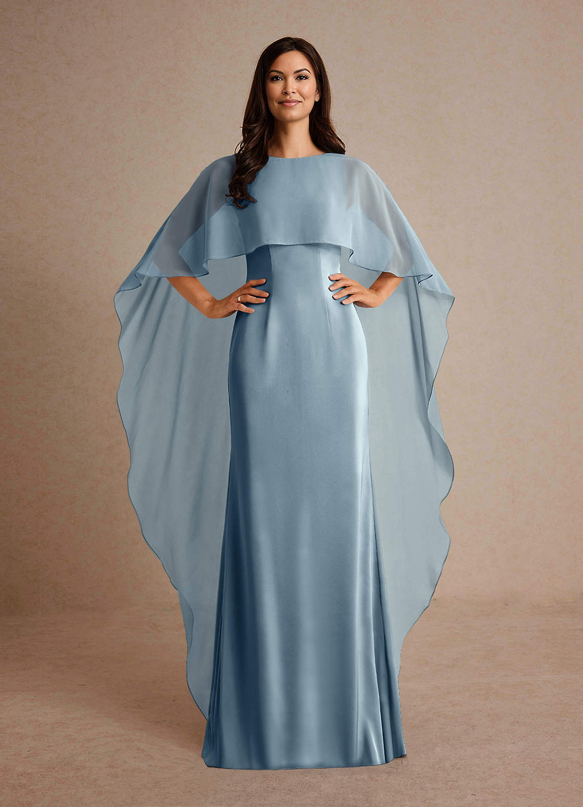 Milfred Sheath Boat-Neck Stretch Satin and Chiffon Mother of the Bride Dress in dusty blue