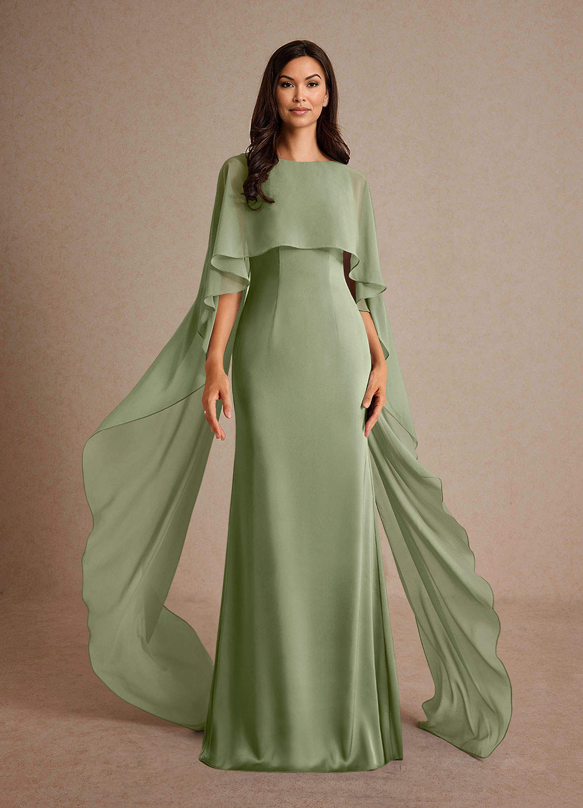 Milfred Sheath Boat-Neck Stretch Satin and Chiffon Mother of the Bride Dress in Pistachio