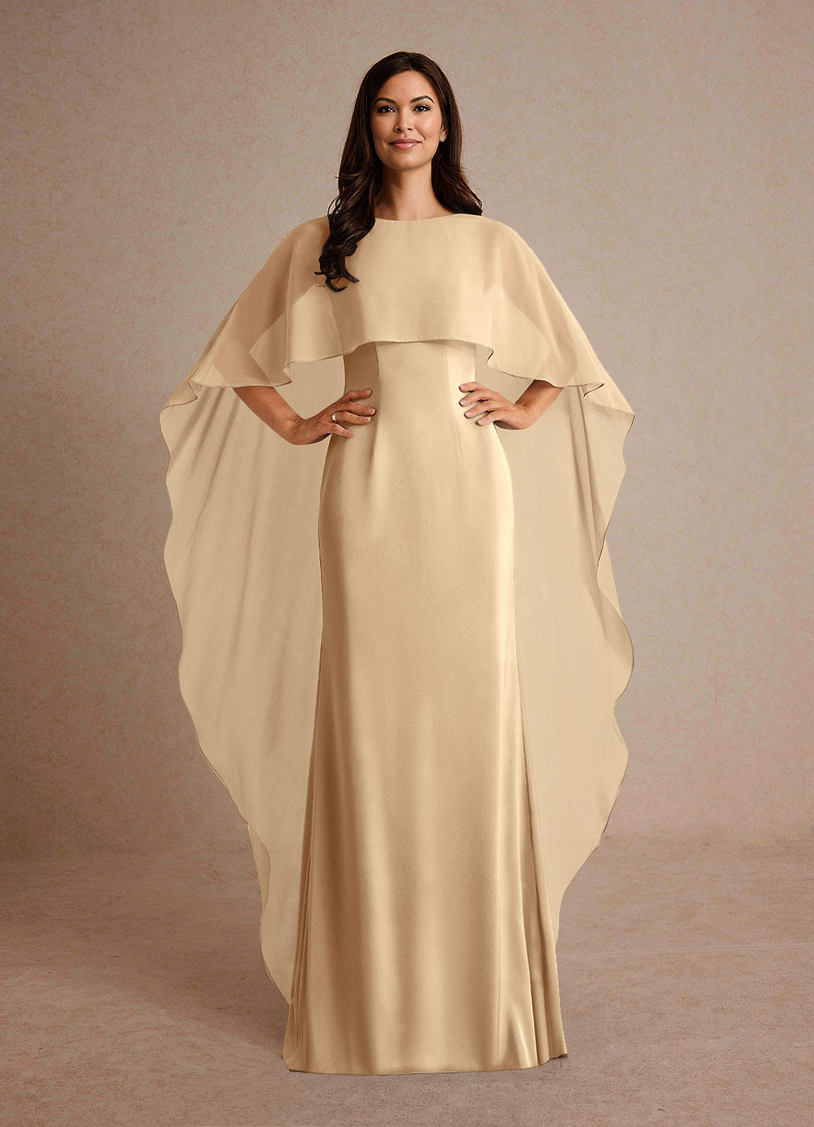 Milfred Sheath Boat-Neck Stretch Satin and Chiffon Mother of the Bride Dress in champagne