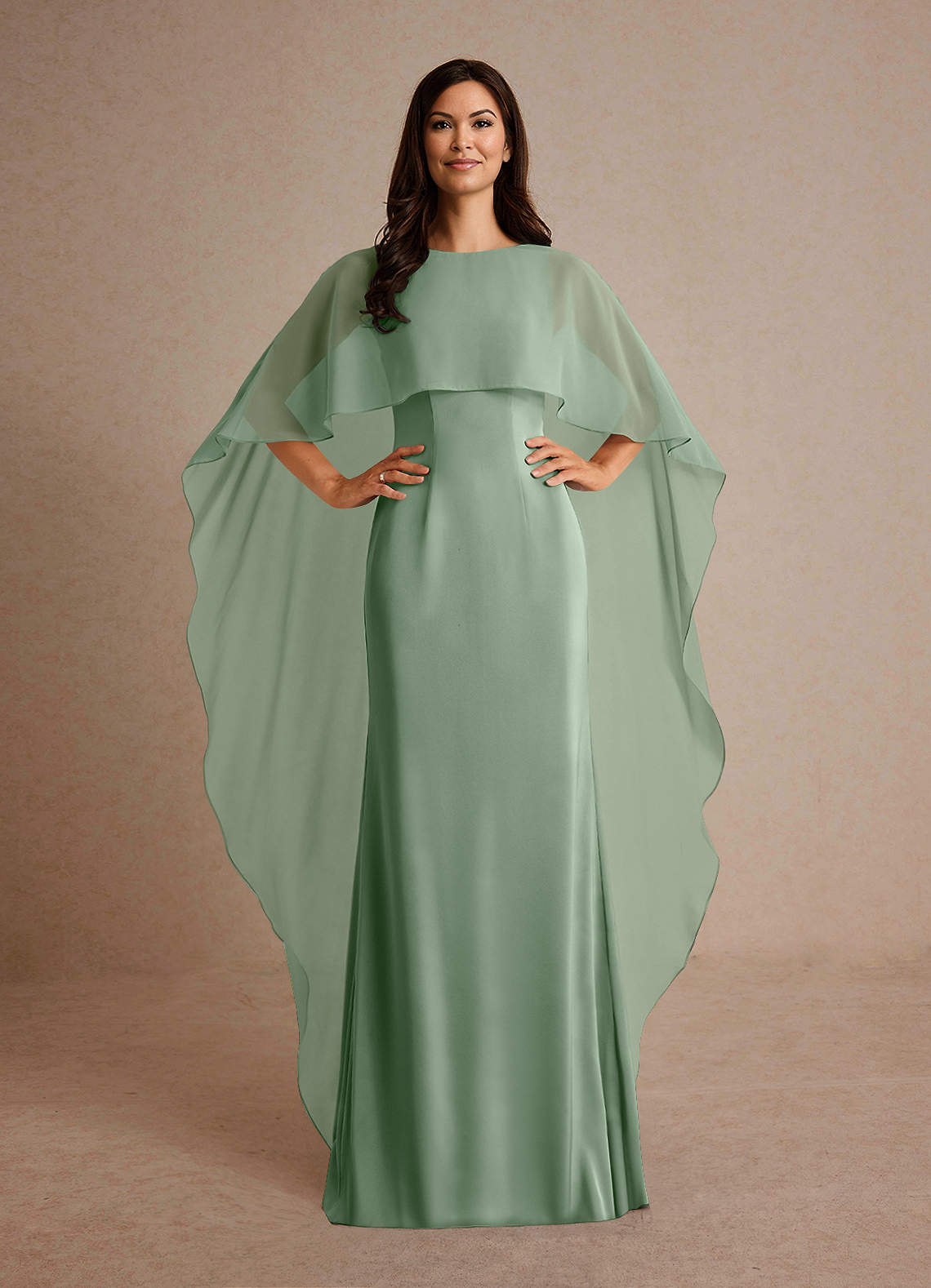 Milfred Sheath Boat-Neck Stretch Satin and Chiffon Mother of the Bride Dress in matcha