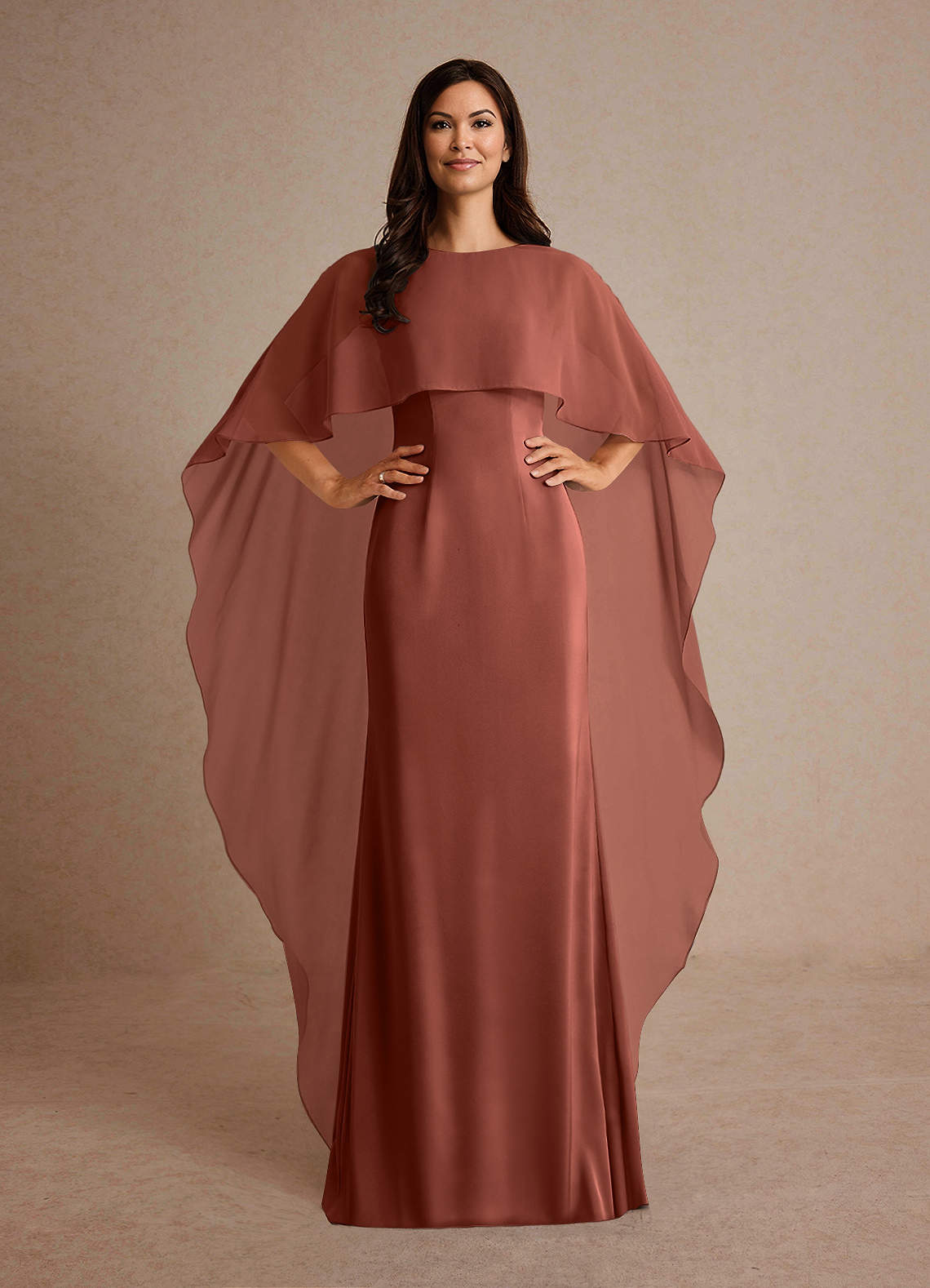Milfred Sheath Boat-Neck Stretch Satin and Chiffon Mother of the Bride Dress in Auburn