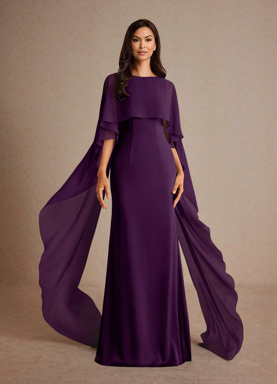 Milfred Sheath Boat-Neck Stretch Satin and Chiffon Mother of the Bride Dress in Plum