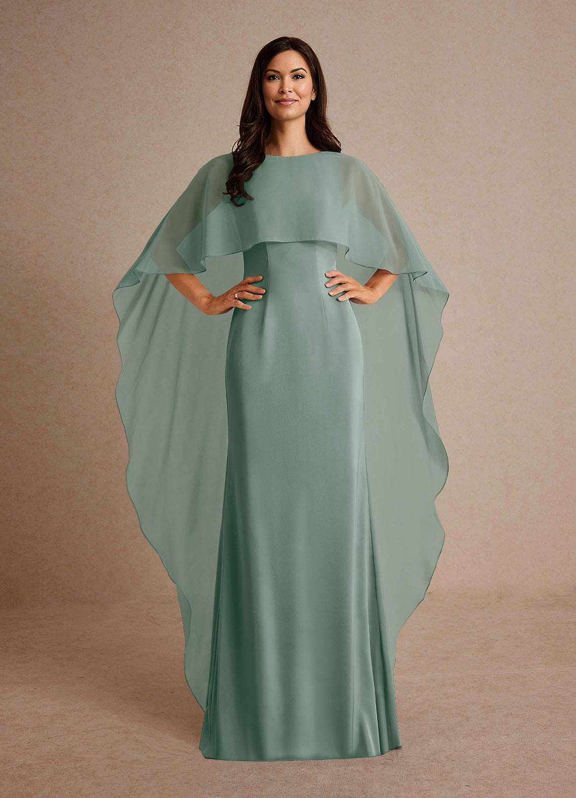 Milfred Sheath Boat-Neck Stretch Satin and Chiffon Mother of the Bride Dress in Silver Sage