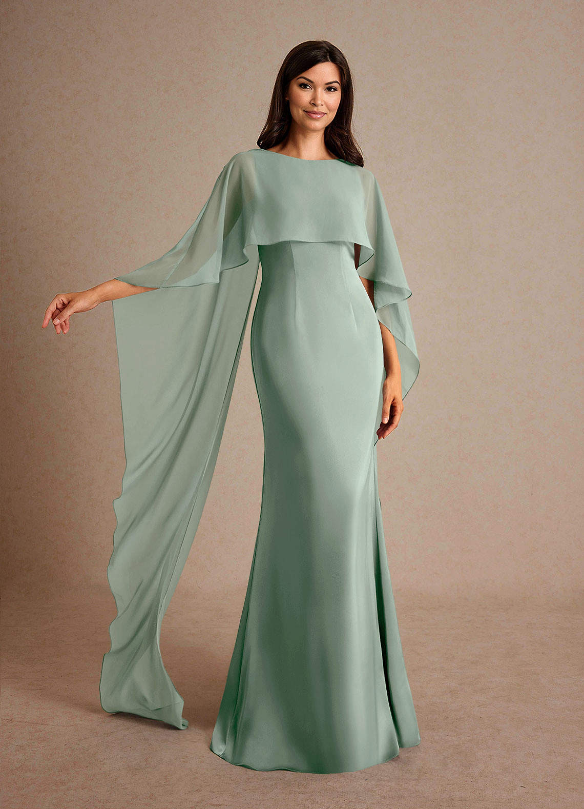 Milfred Sheath Boat-Neck Stretch Satin and Chiffon Mother of the Bride Dress in Agave