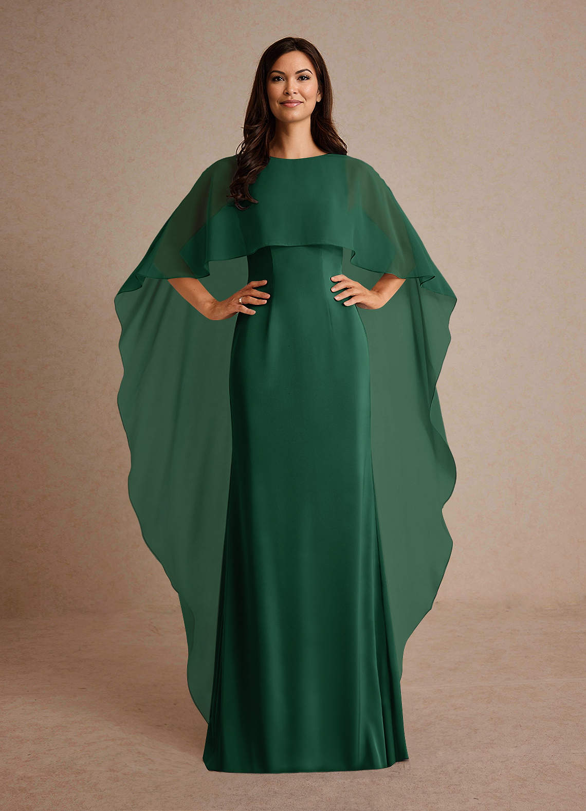 Milfred Sheath Boat-Neck Stretch Satin and Chiffon Mother of the Bride Dress in Dark Green