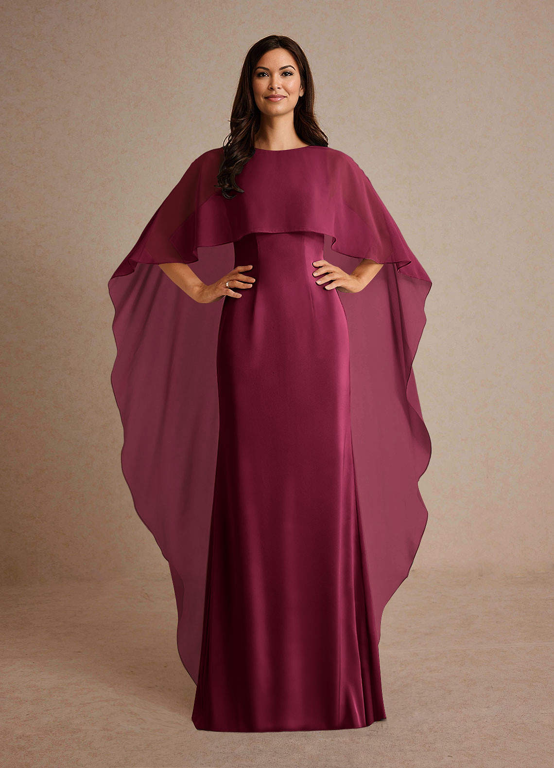 Milfred Sheath Boat-Neck Stretch Satin and Chiffon Mother of the Bride Dress in Burgundy