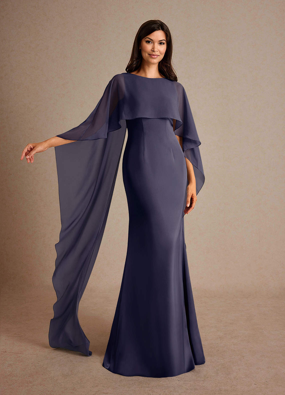 Milfred Sheath Boat-Neck Stretch Satin and Chiffon Mother of the Bride Dress in Stormy