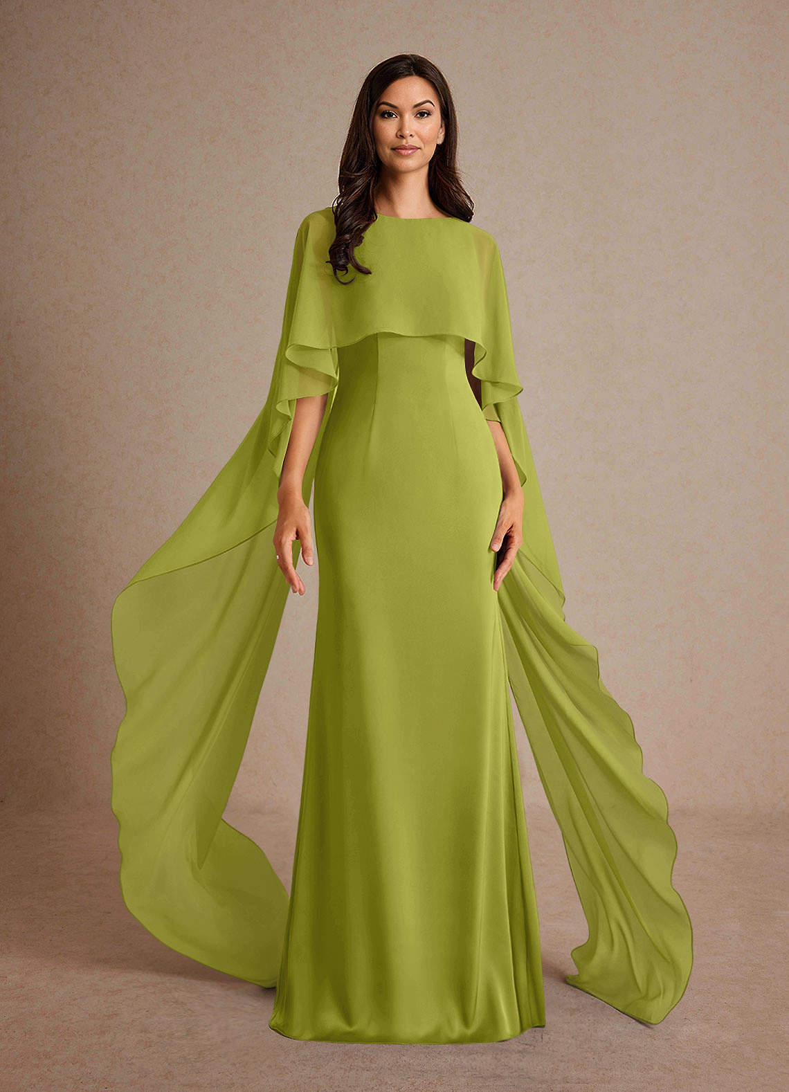 Milfred Sheath Boat-Neck Stretch Satin and Chiffon Mother of the Bride Dress in Lemongrass