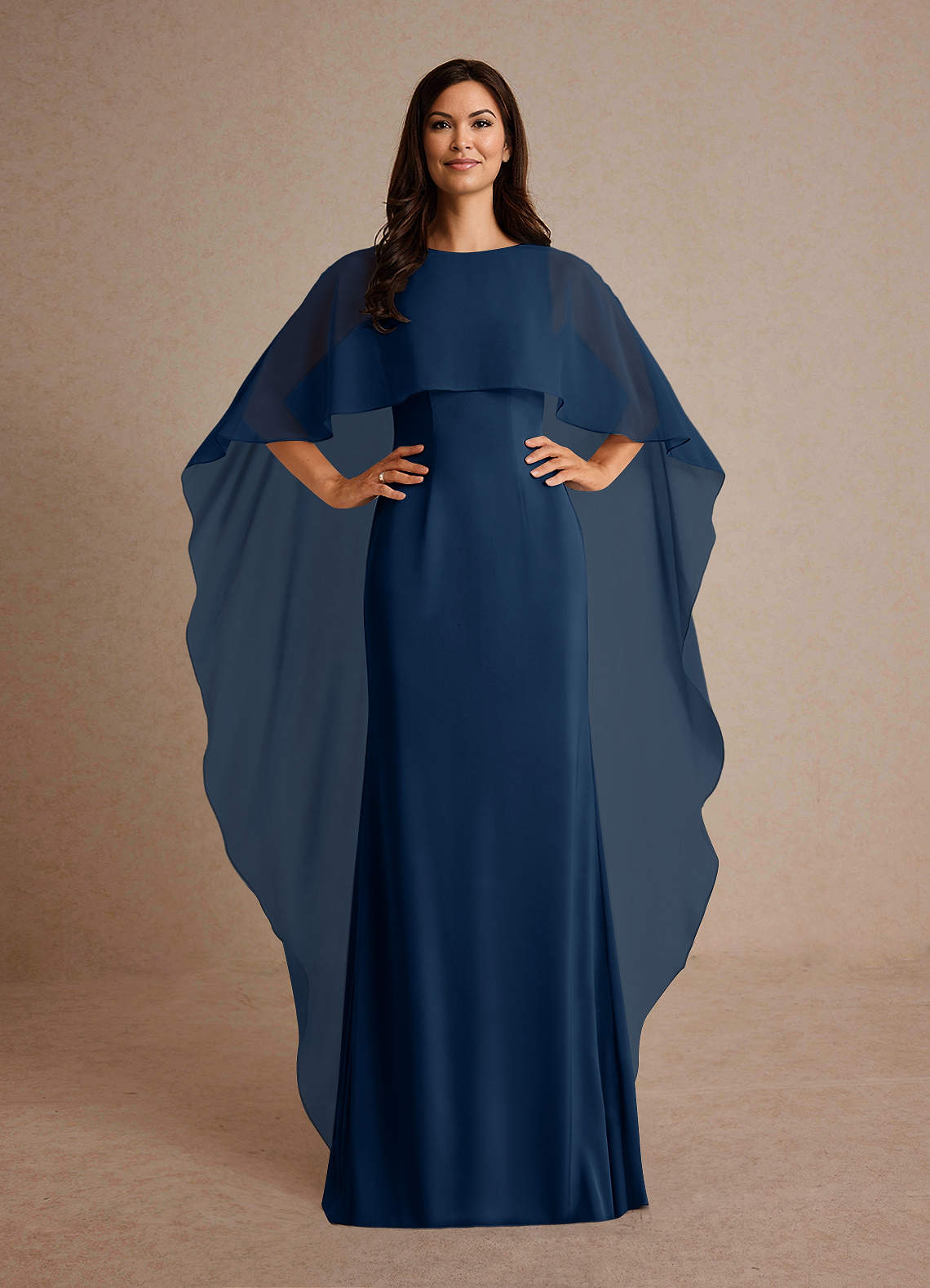 Milfred Sheath Boat-Neck Stretch Satin and Chiffon Mother of the Bride Dress in Dark Navy