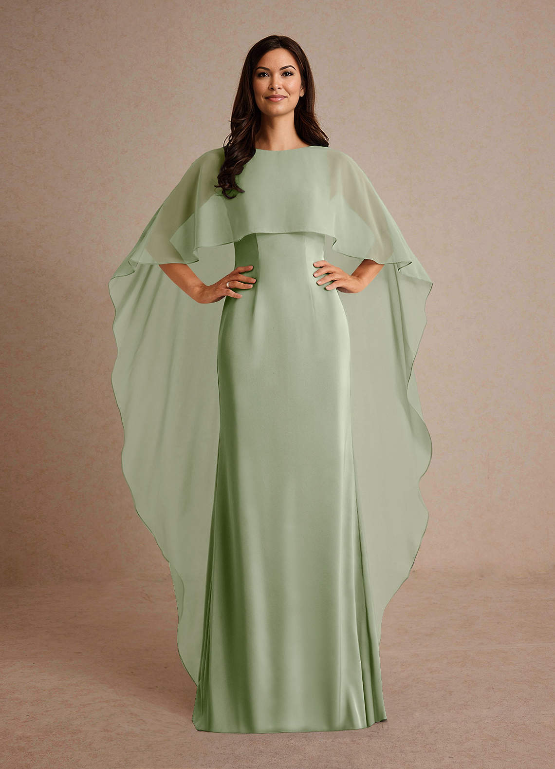 Milfred Sheath Boat-Neck Stretch Satin and Chiffon Mother of the Bride Dress in Dusty Sage
