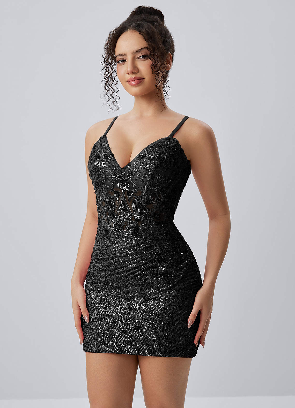 Milleca Mini Corset Ruched Sequined Stretch Mesh Prom Dress in black