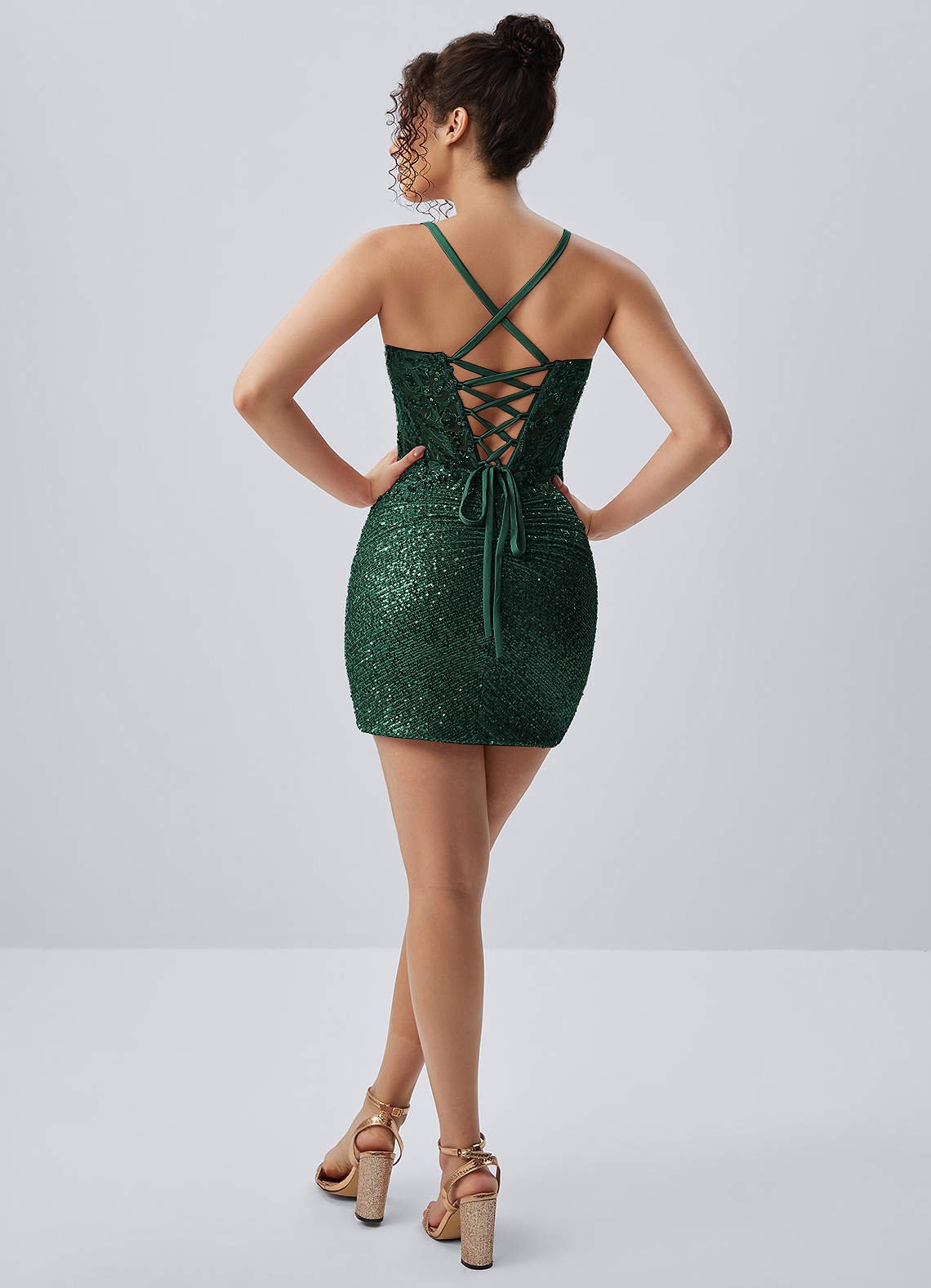 Milleca Mini Corset Ruched Sequined Stretch Mesh Prom Dress in green