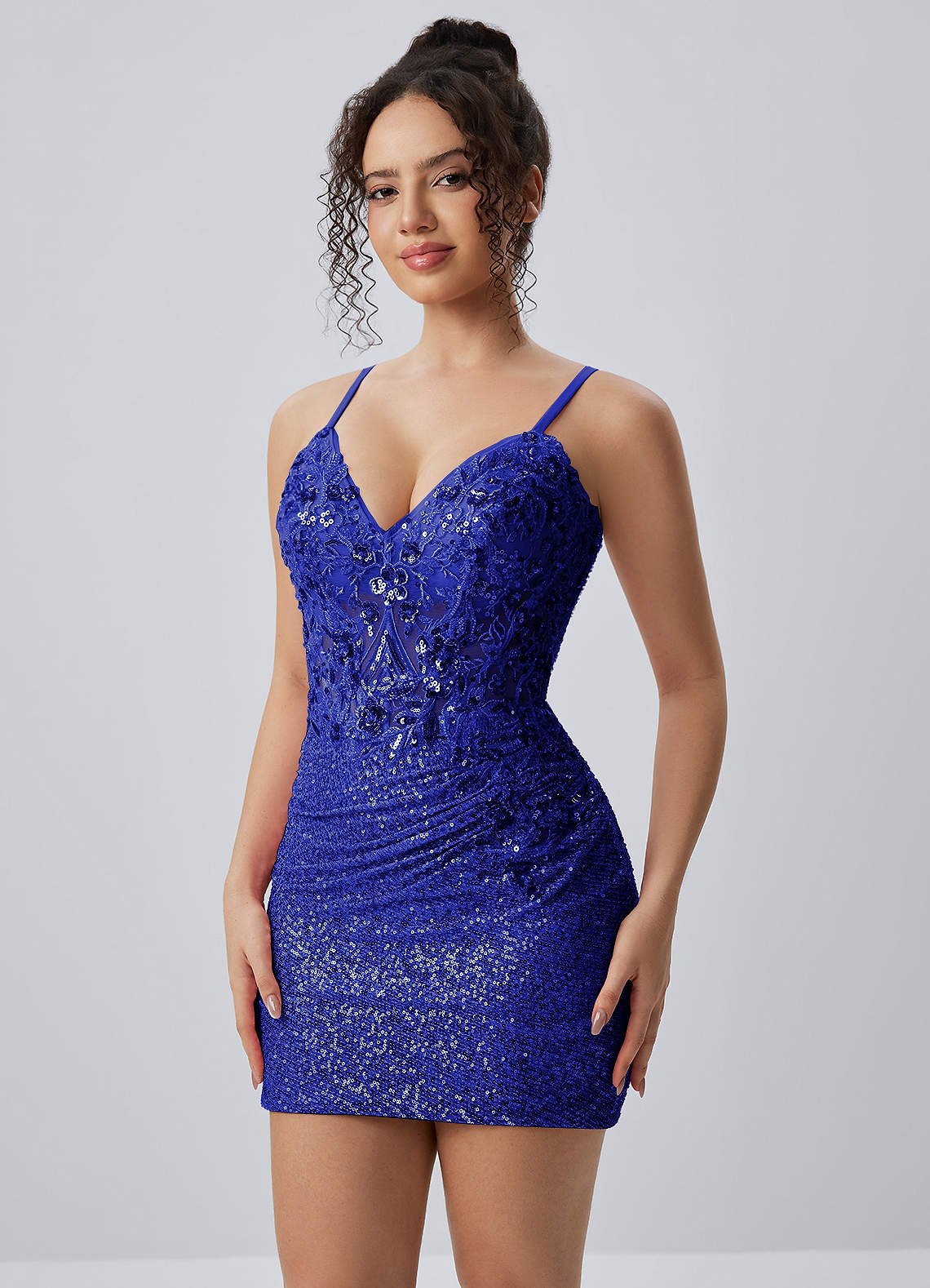 Milleca Mini Corset Ruched Sequined Stretch Mesh Prom Dress in Royal Blue