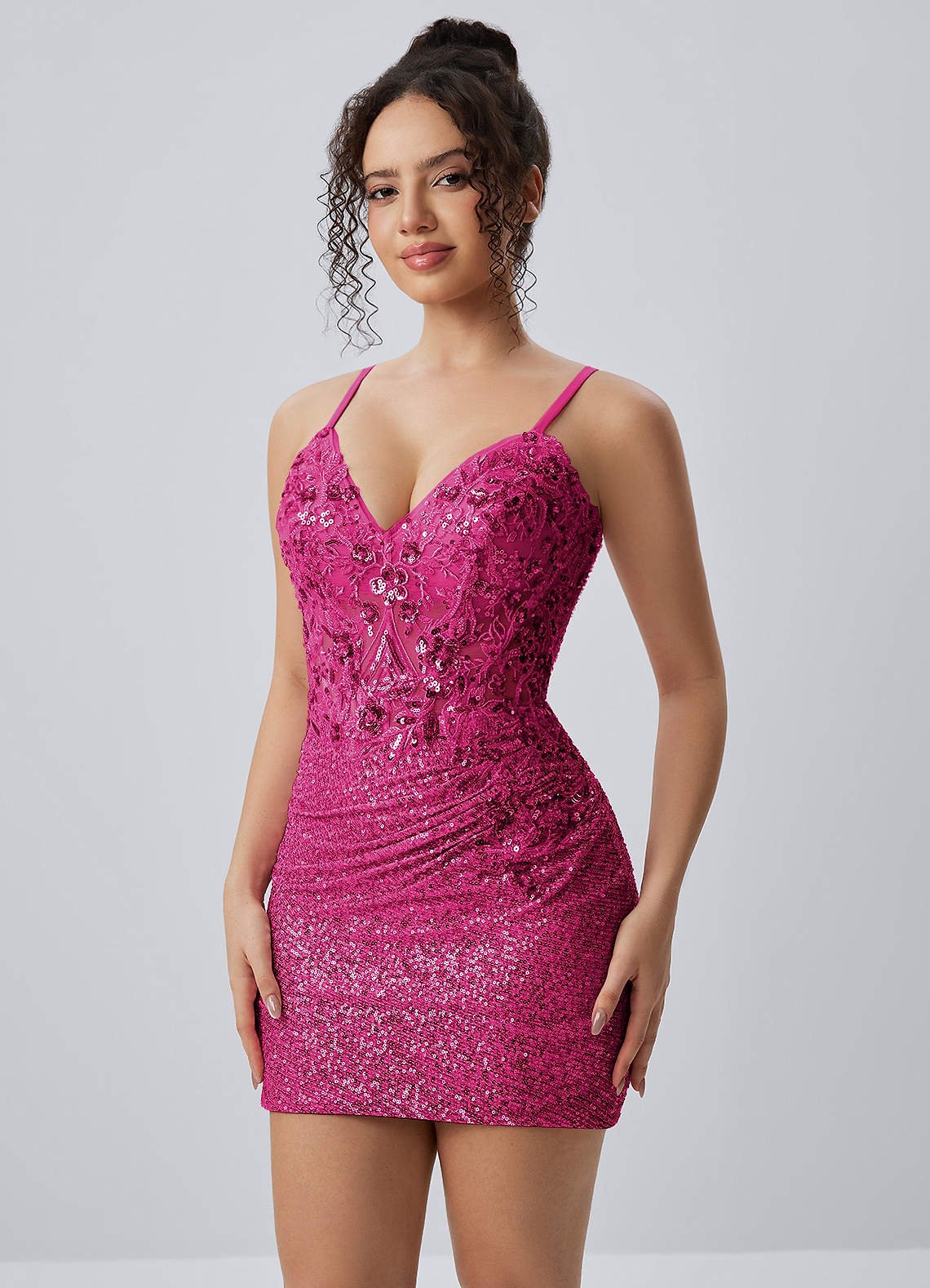 Milleca Mini Corset Ruched Sequined Stretch Mesh Prom Dress in Rose