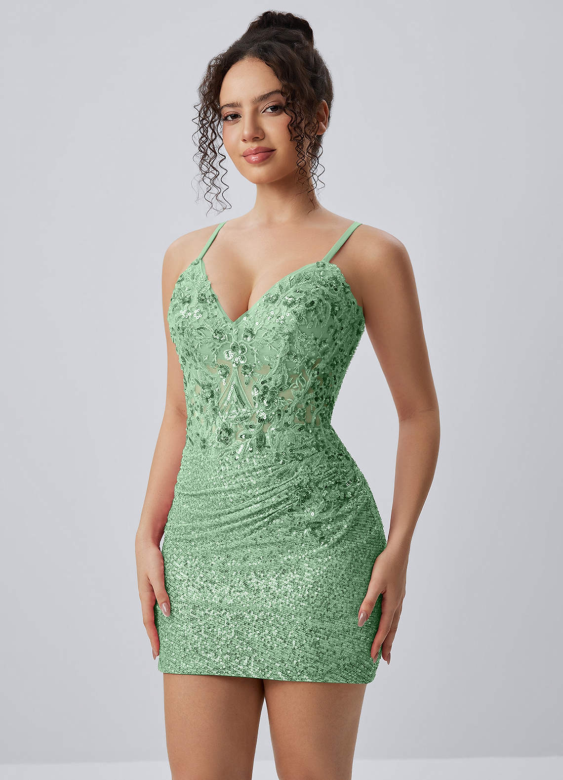 Milleca Mini Corset Ruched Sequined Stretch Mesh Prom Dress in Sage