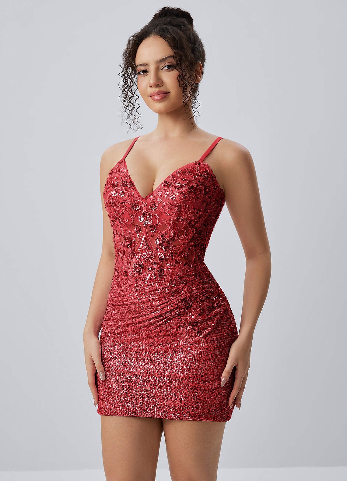 Milleca Mini Corset Ruched Sequined Stretch Mesh Prom Dress in Red