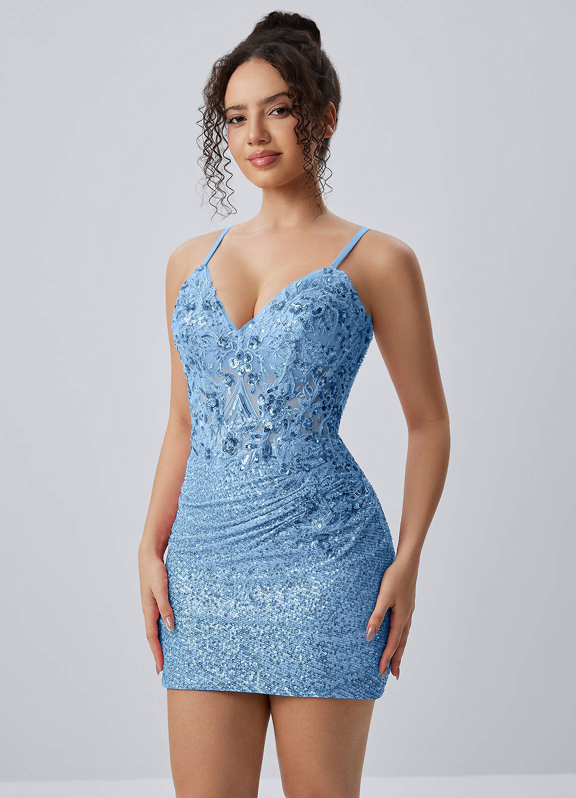 Milleca Mini Corset Ruched Sequined Stretch Mesh Prom Dress in Sky Blue