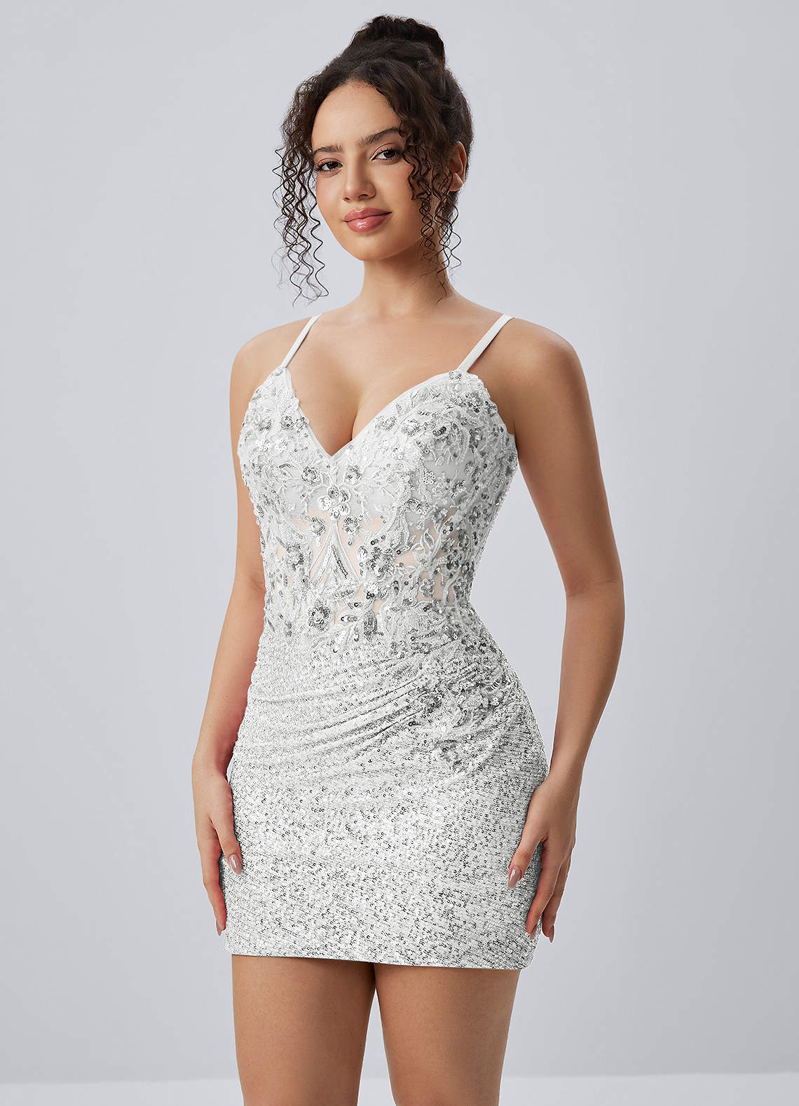 Milleca Mini Corset Ruched Sequined Stretch Mesh Prom Dress in white