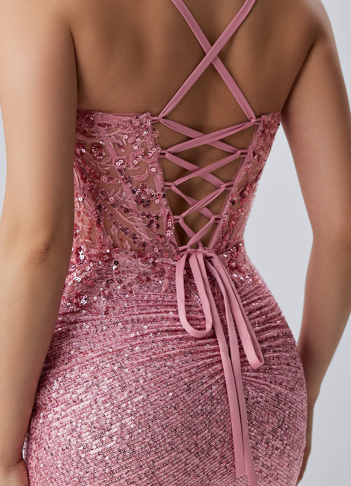 Milleca Mini Corset Ruched Sequined Stretch Mesh Prom Dress in pink