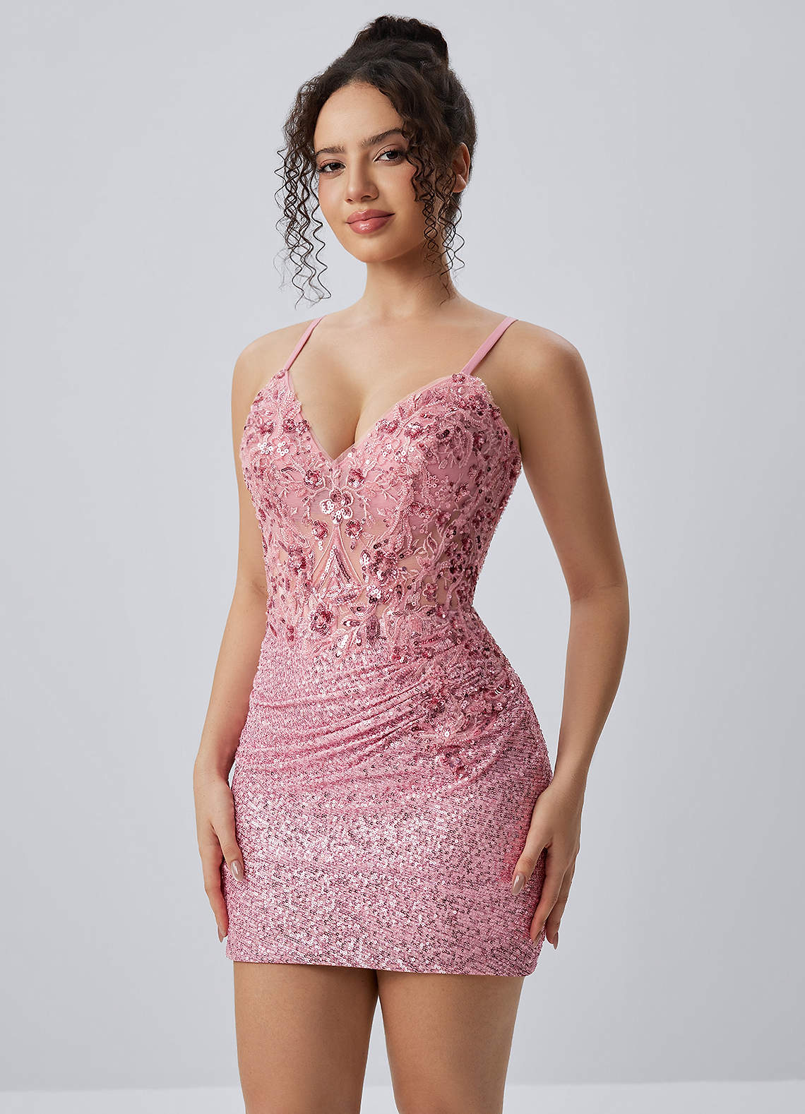 Milleca Mini Corset Ruched Sequined Stretch Mesh Prom Dress in pink