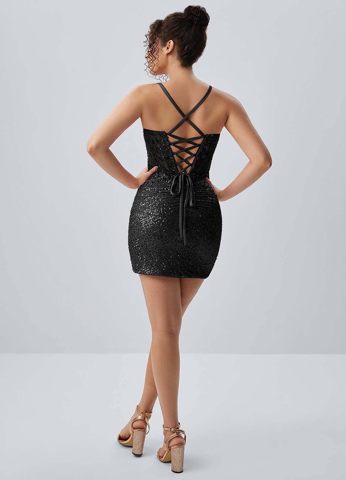 Milleca Mini Corset Ruched Sequined Stretch Mesh Prom Dress in black