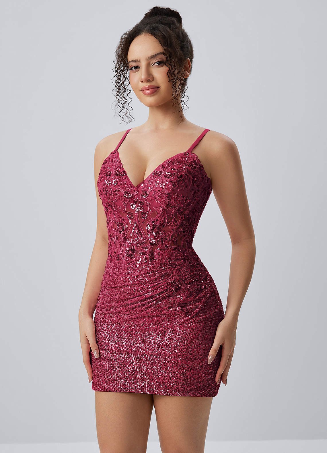 Milleca Mini Corset Ruched Sequined Stretch Mesh Prom Dress in Burgundy